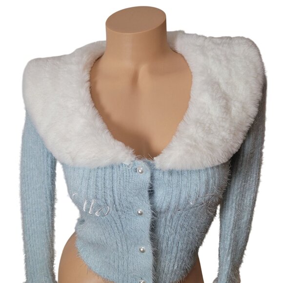 Hello Kitty & Friends X Forever 21 Blue Knit Cardigan W/Faux Fur Collar & Cuff - Picture 10 of 16
